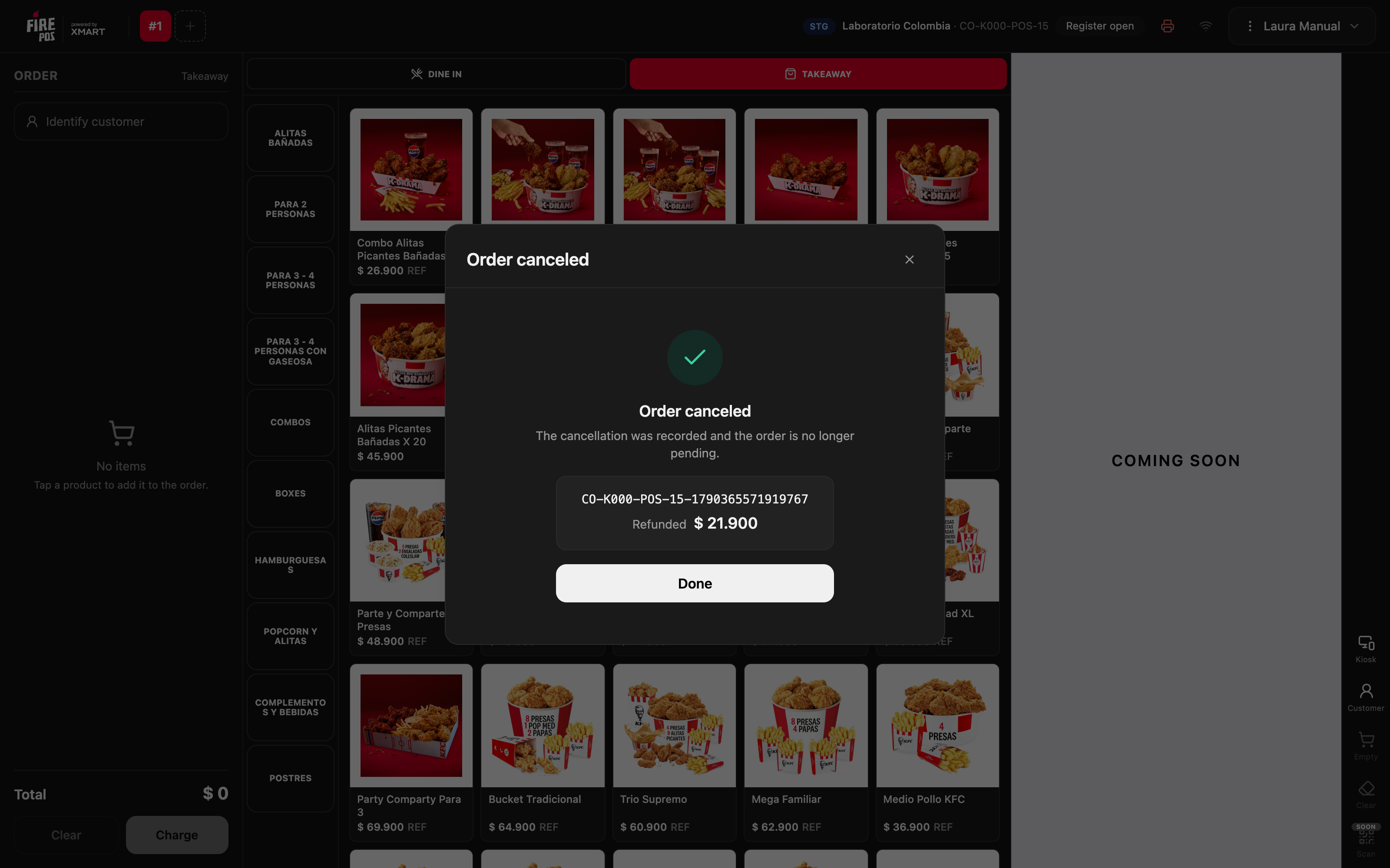 Order canceled with the order code and the refunded amount