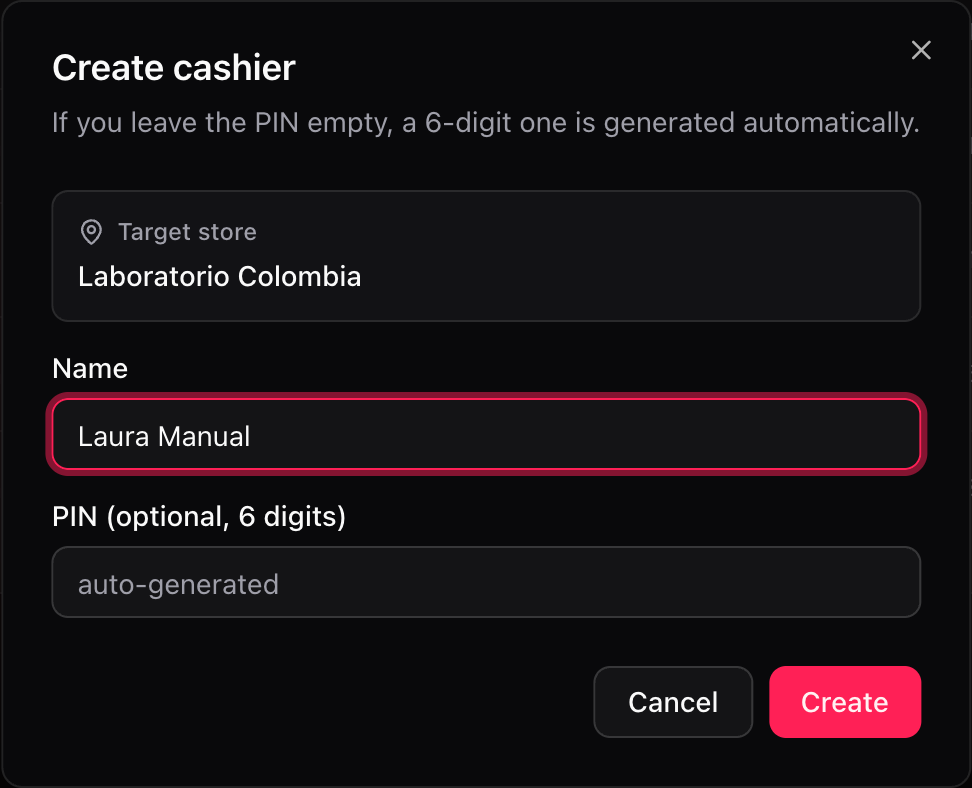 Create cashier dialog with the target store, the name and an empty PIN
