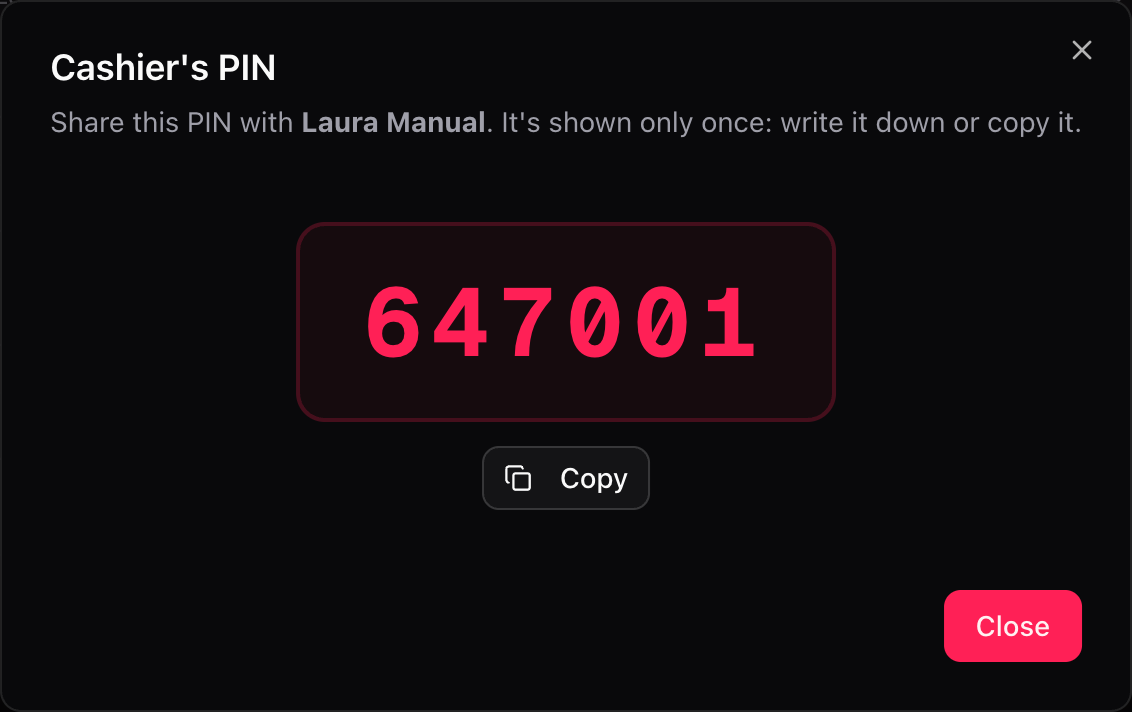Dialog with the cashier's PIN, shown only once