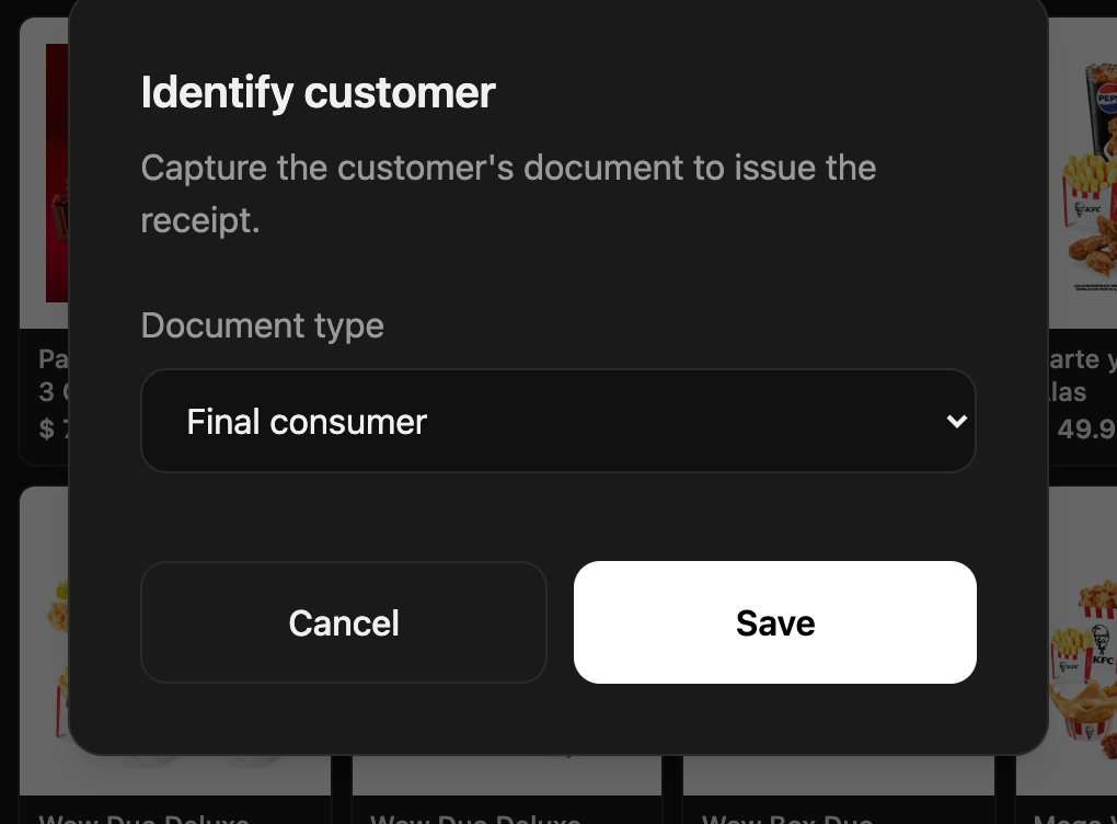 Janela Identificar cliente com o tipo de documento em consumidor final