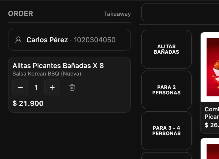 Orden con el cliente identificado por nombre y número de documento