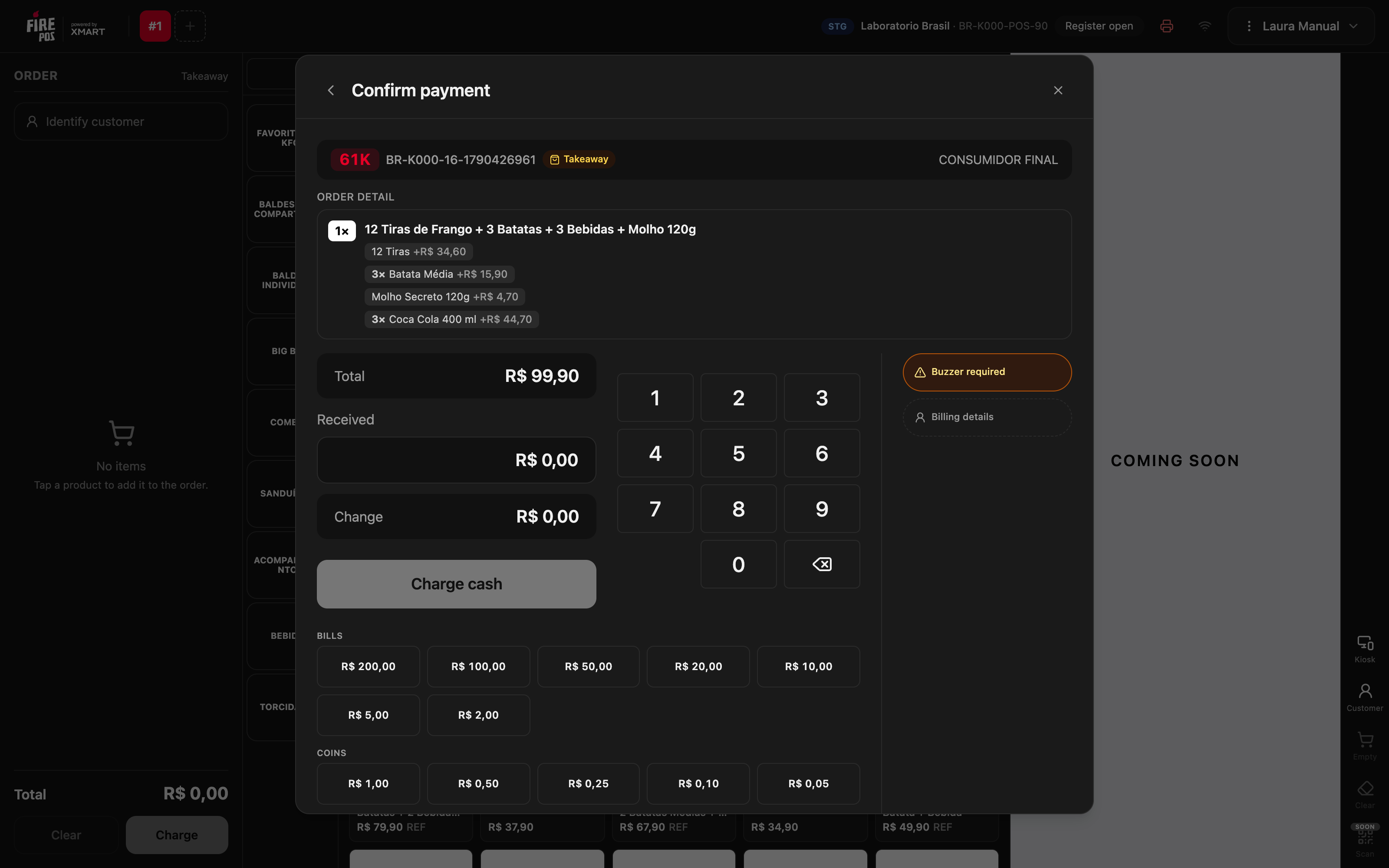 Confirm payment for a kiosk order with the detail, the total and the Buzzer required and Billing details buttons