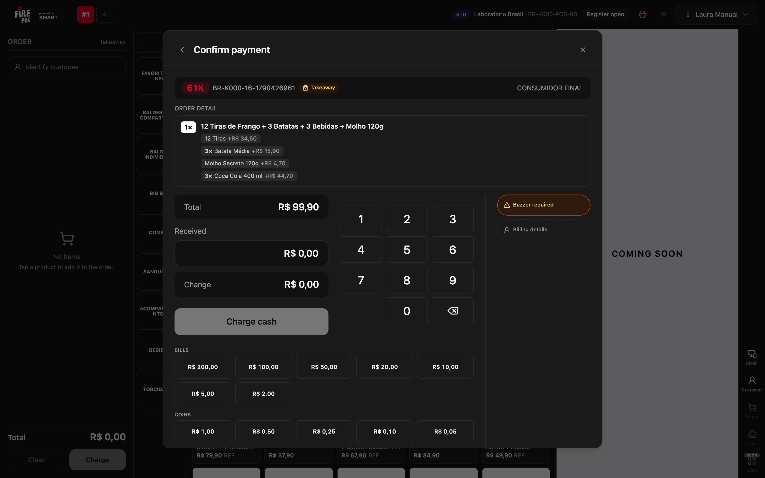 Confirm payment for a kiosk order with the detail, the total and the Buzzer required and Billing details buttons