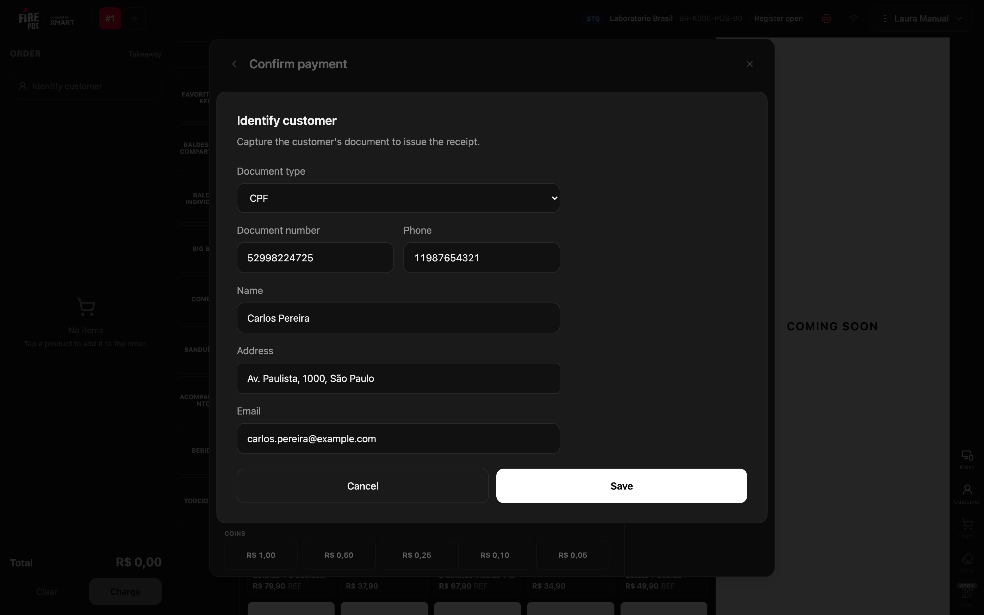 Identify customer window with CPF, phone, name, address and email