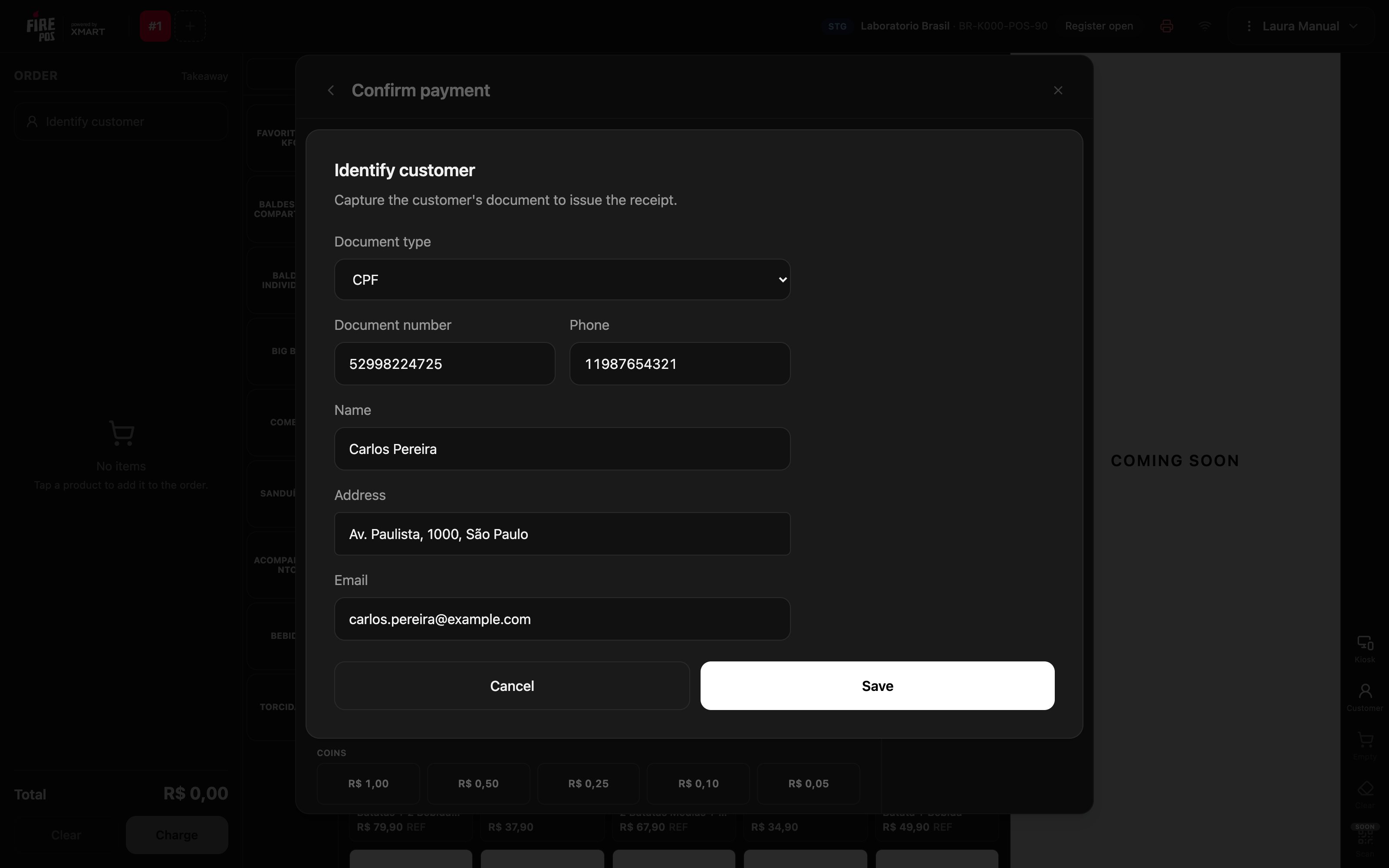 Identify customer window with CPF, phone, name, address and email
