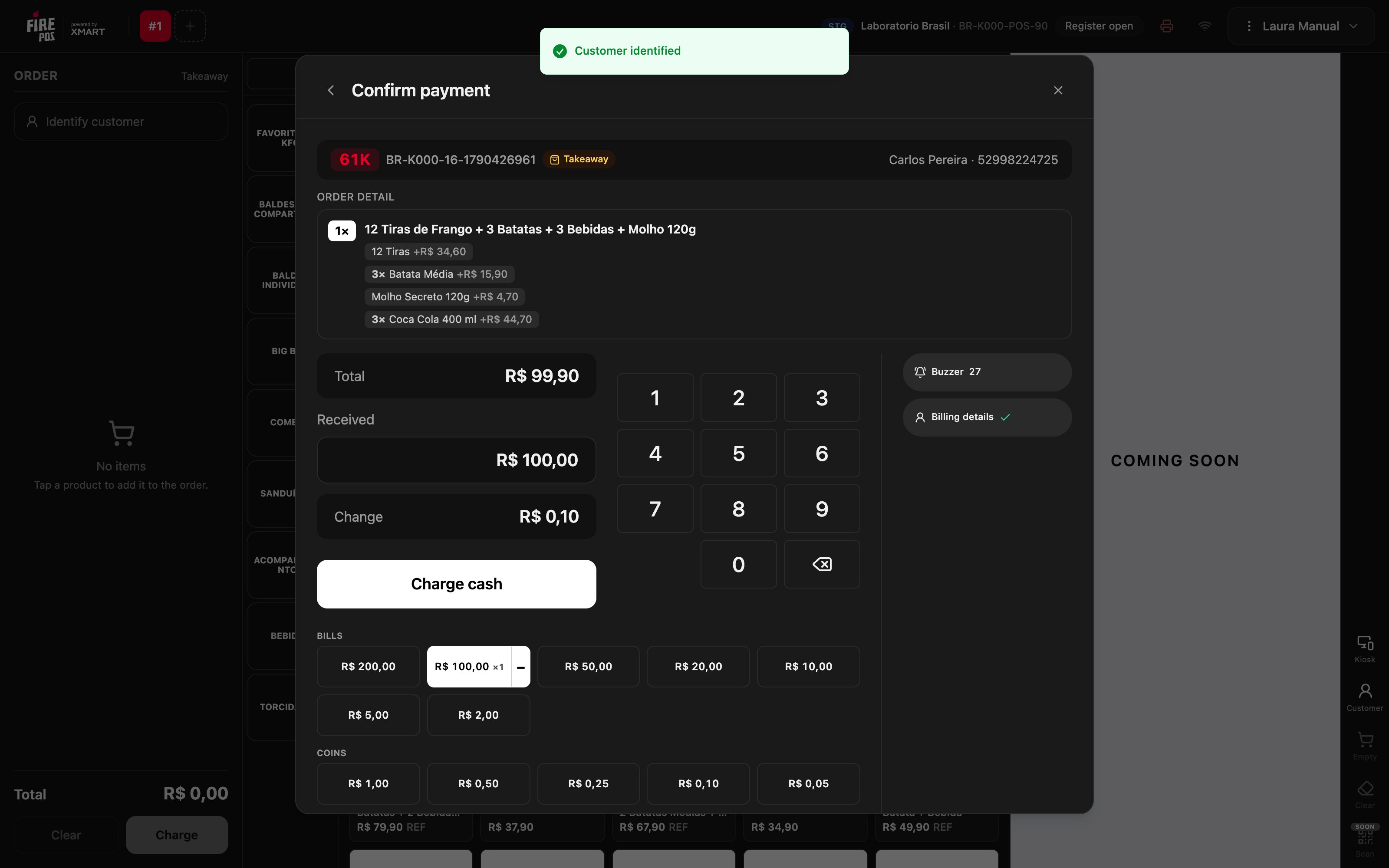 Confirm payment with buzzer 27, the billing details entered, R$ 100,00 received and R$ 0,10 change