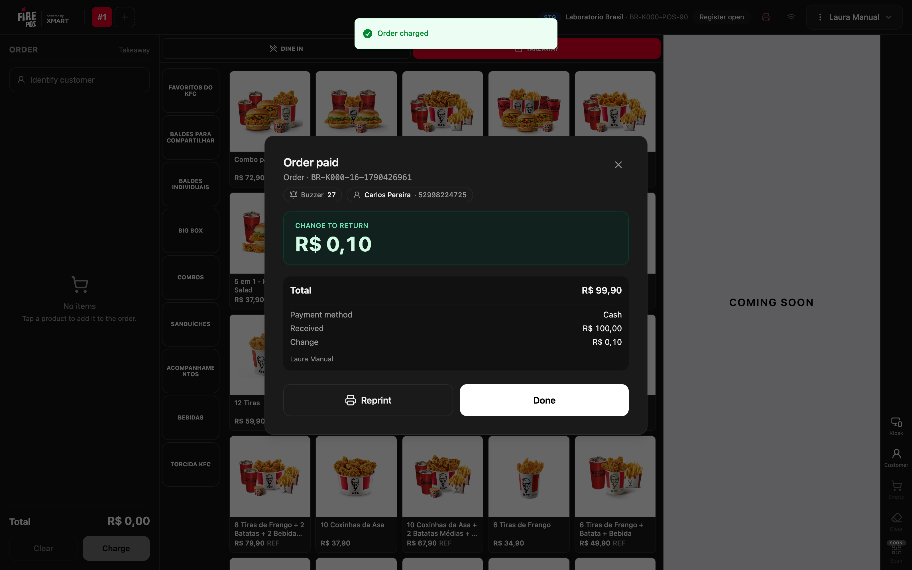 Order paid with the buzzer, the customer, the change to return and the charge detail
