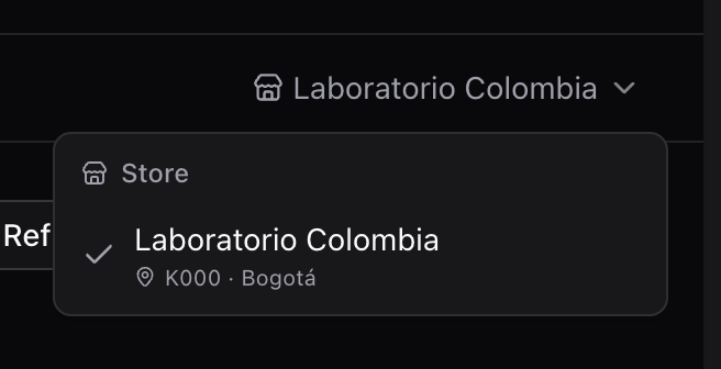 Seletor de loja do cabeçalho com Laboratorio Colombia selecionada