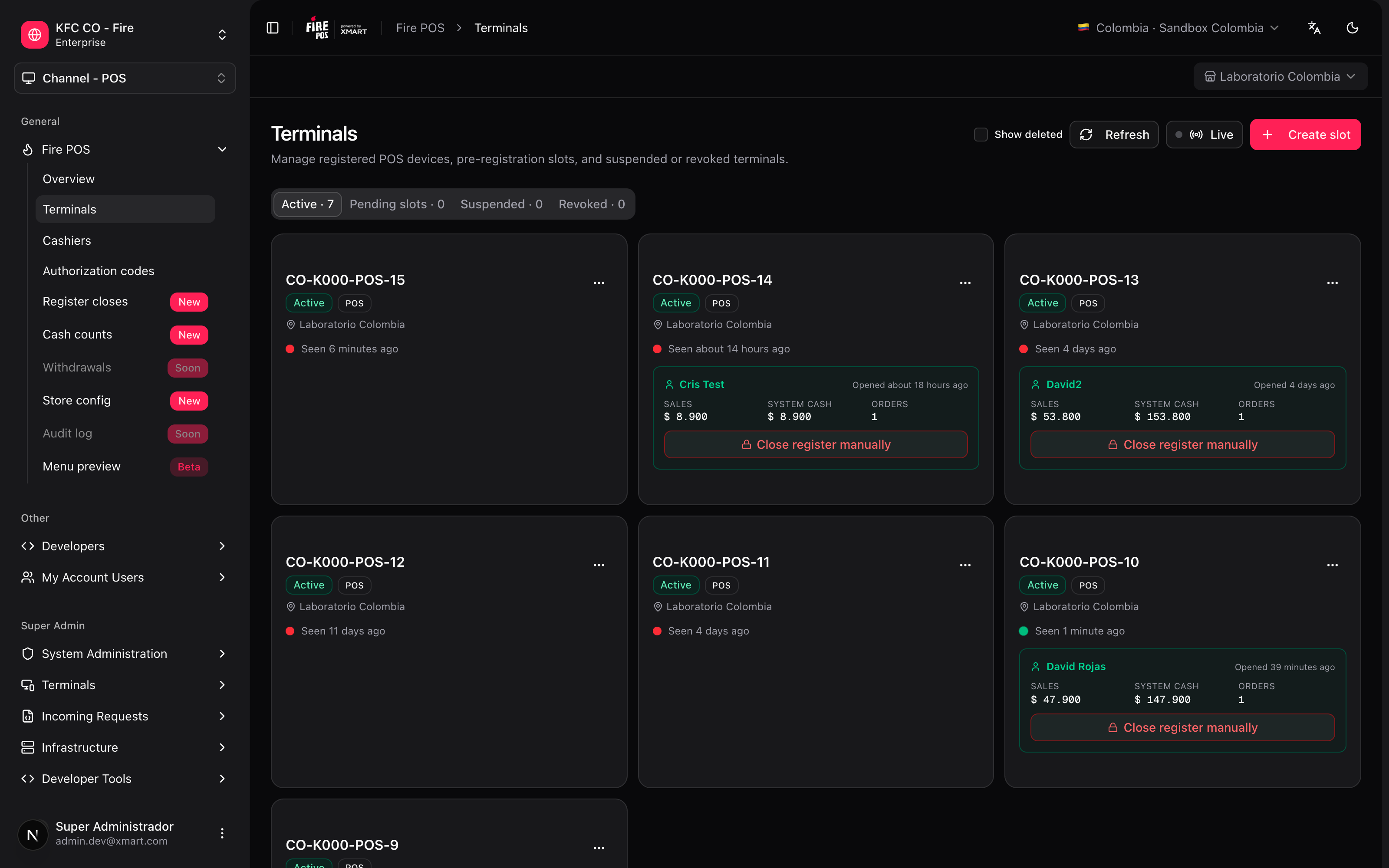 Página Terminais com o botão Criar slot