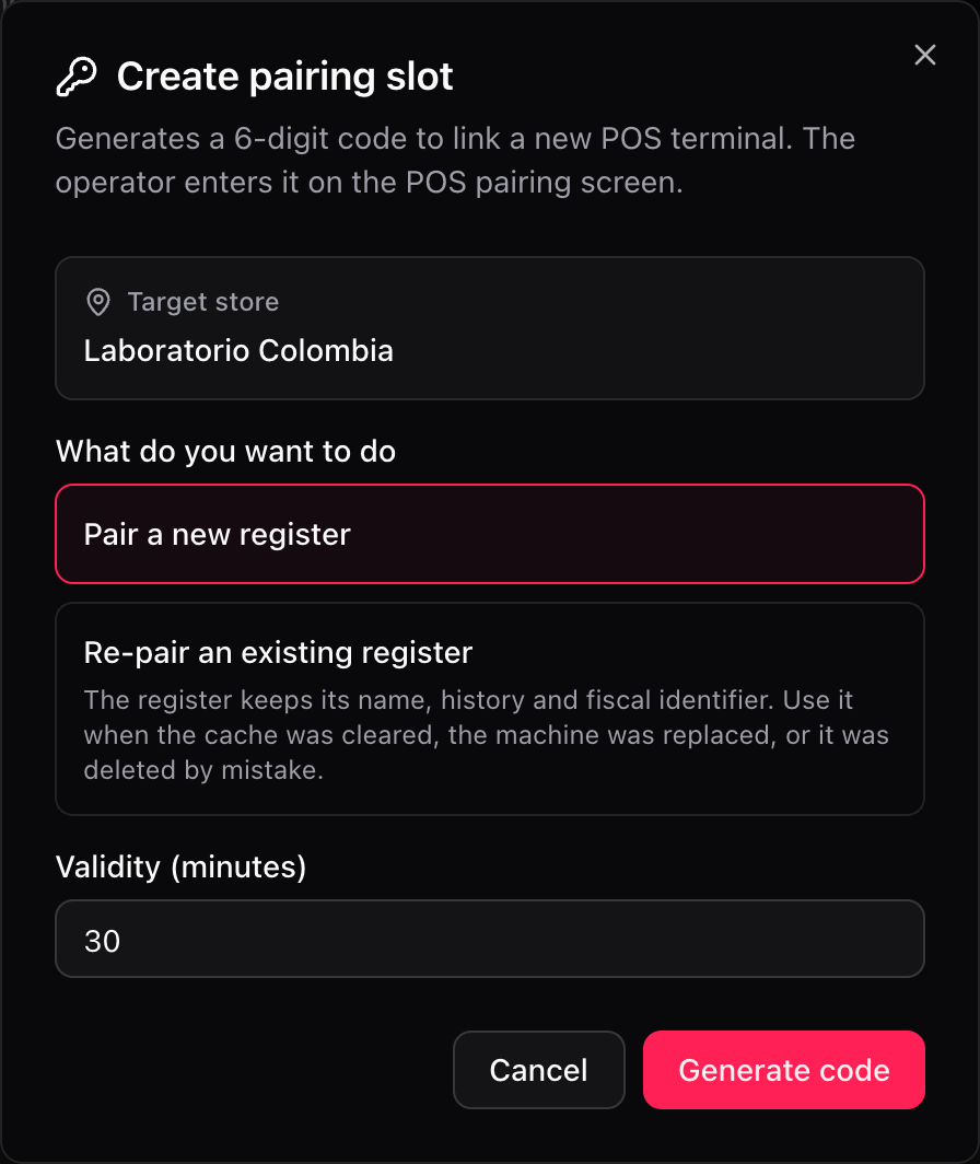 Diálogo Criar slot de vinculação com a loja de destino, o modo e a validade