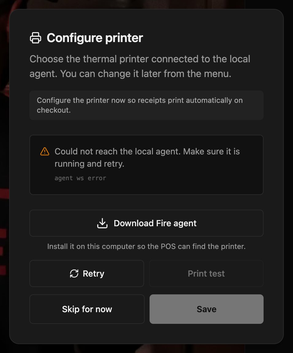 POS printer setup dialog, without the local agent installed