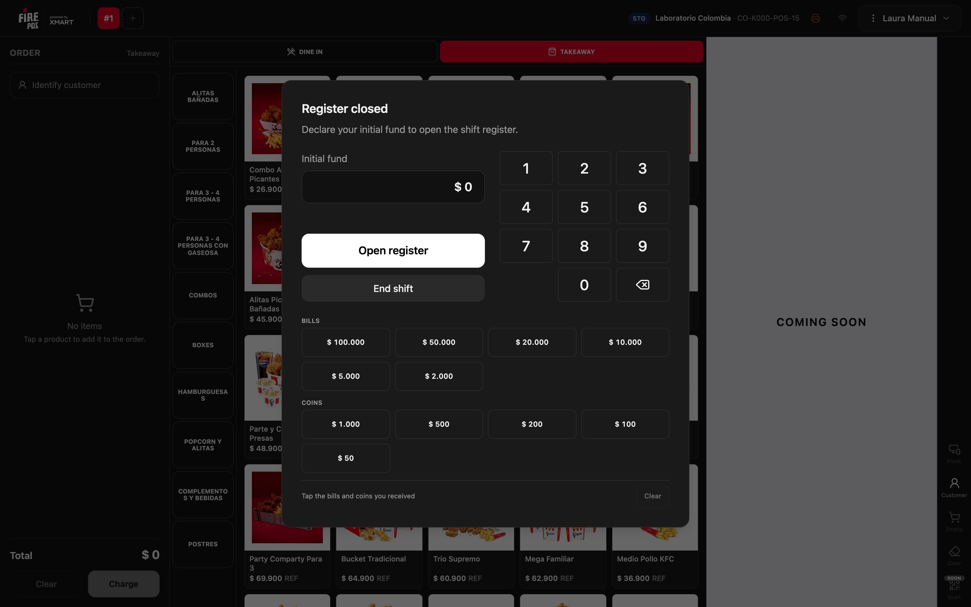 Janela Caixa fechado com o fundo inicial em zero, o teclado e o pad de notas e moedas