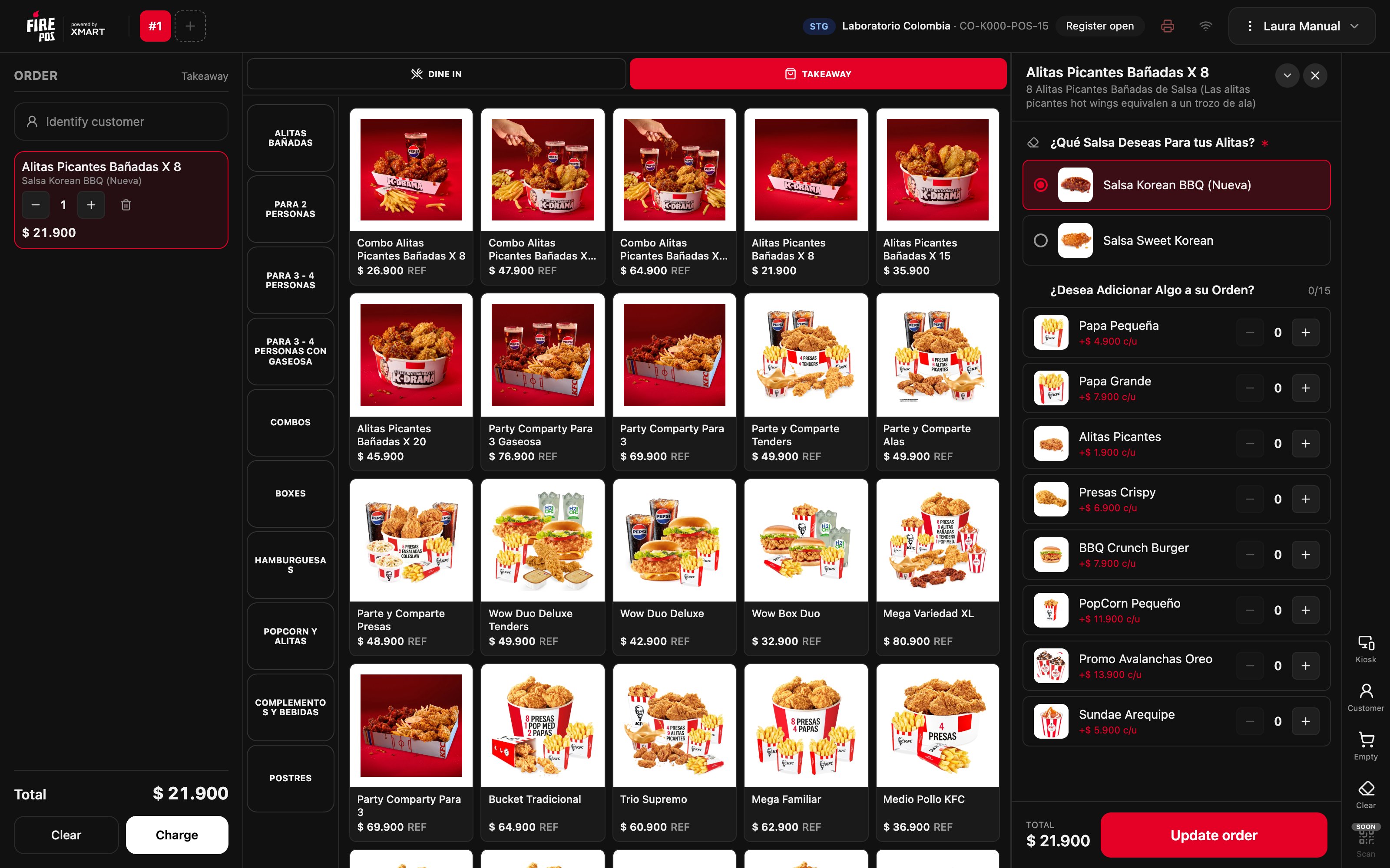 Pantalla de venta con un producto en la orden, las categorías y los productos