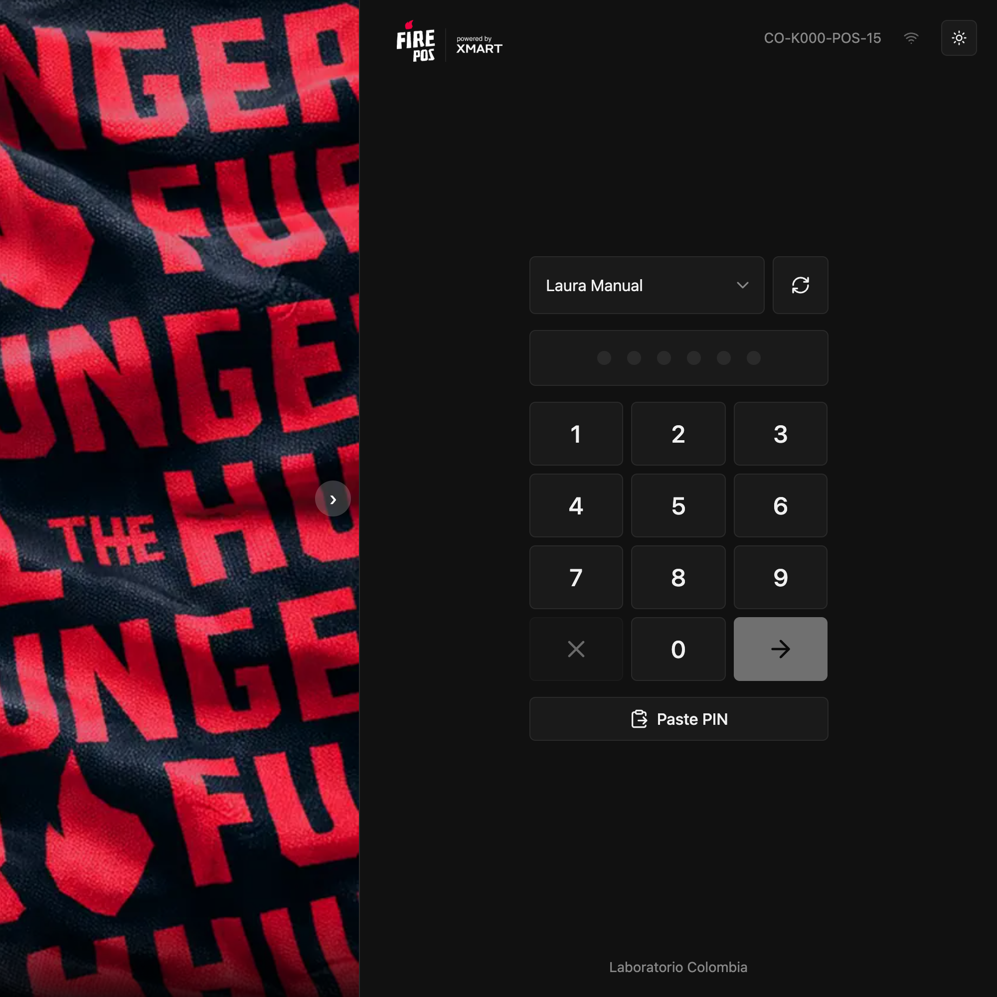 POS sign-in with the cashier selected and the PIN keypad