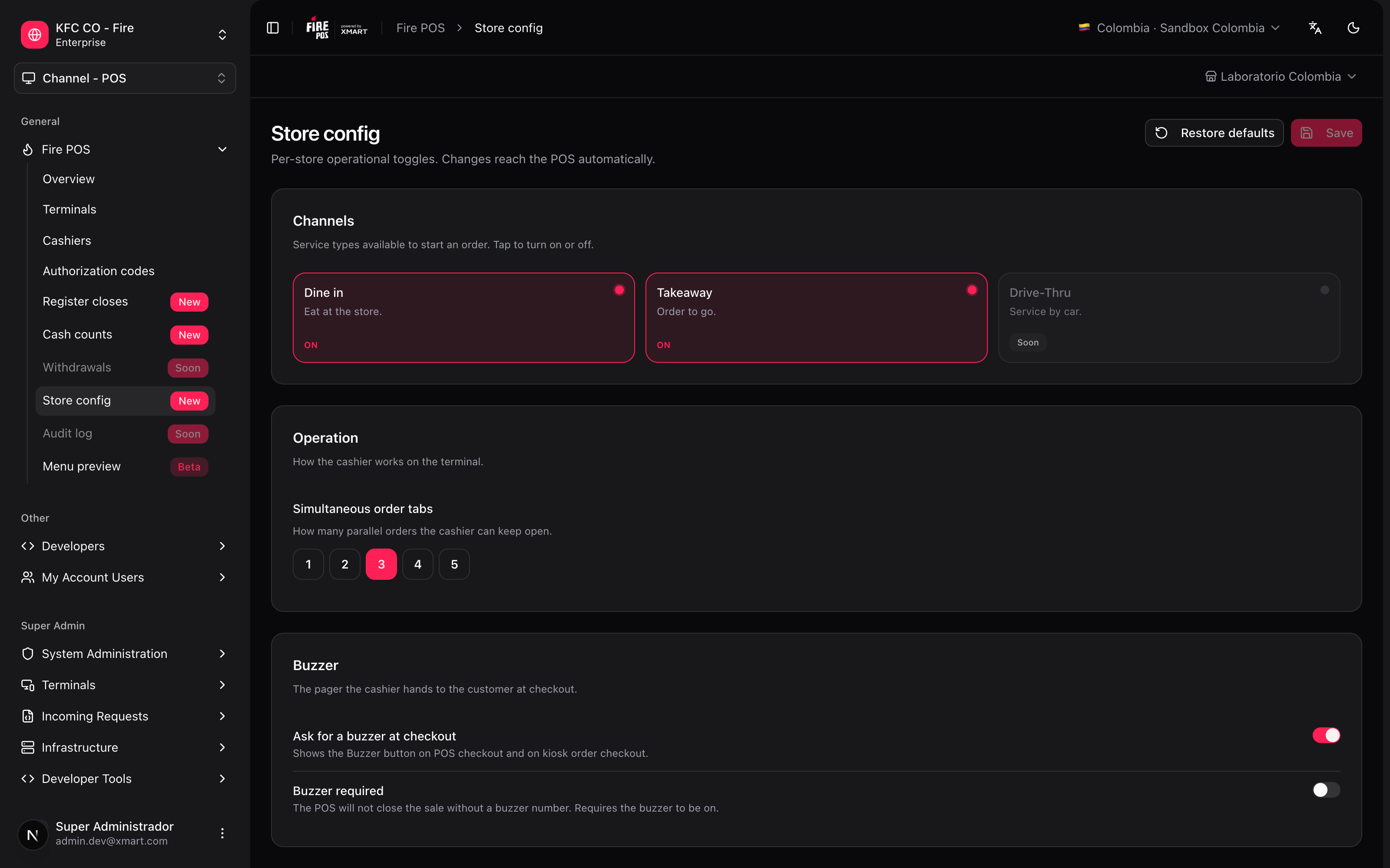 Configuración por tienda con los grupos Canales, Operación y Buzzer