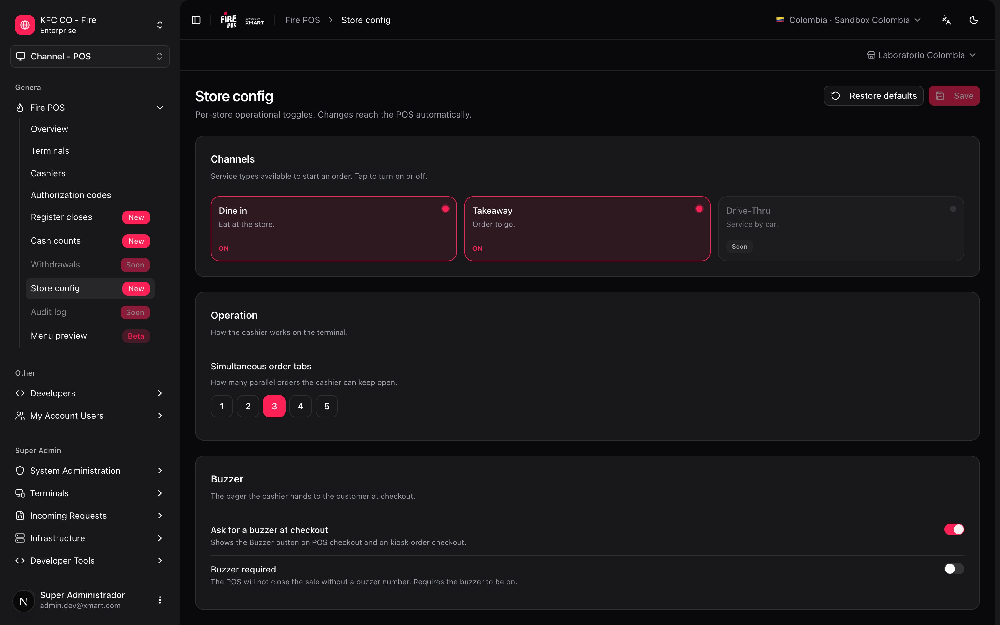 Configuración por tienda con los grupos Canales, Operación y Buzzer
