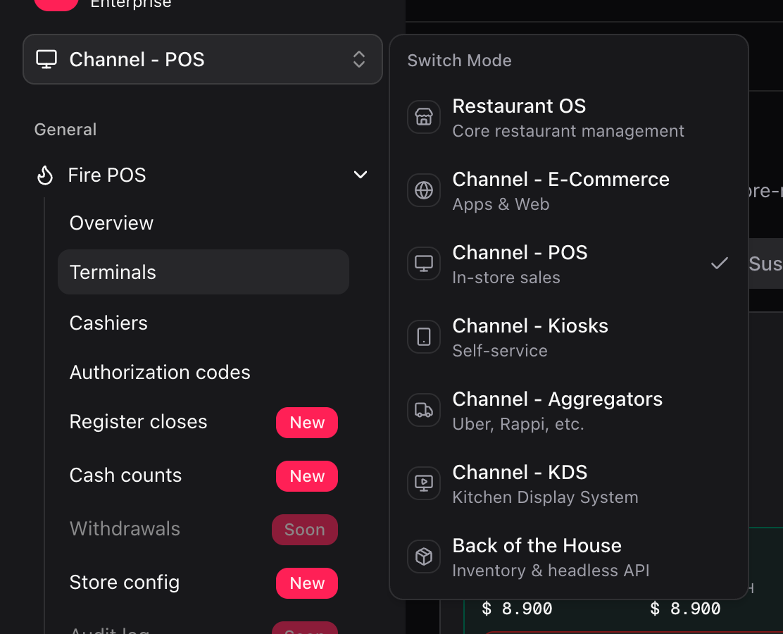 Selector de canal abierto con Canal - POS seleccionado
