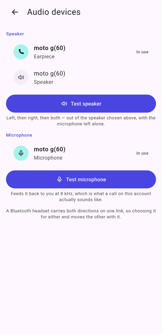The audio devices screen with speaker and microphone choices and test buttons