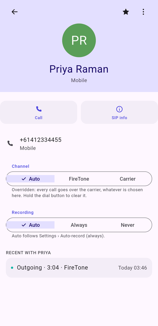 A contact page with Channel and Recording choosers and recent calls