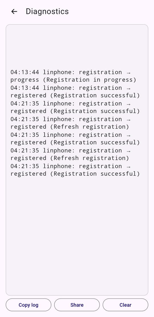 The Diagnostics screen showing SIP registration events