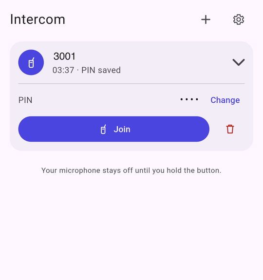 A room card expanded, showing PIN, Join and a delete button