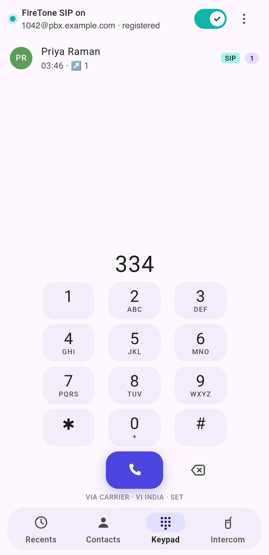 The FireTone keypad, registered, with a number part-typed and a matching contact shown above it