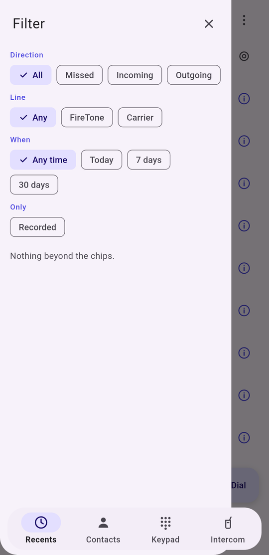 The filter drawer with Direction, Line, When and Only Recorded