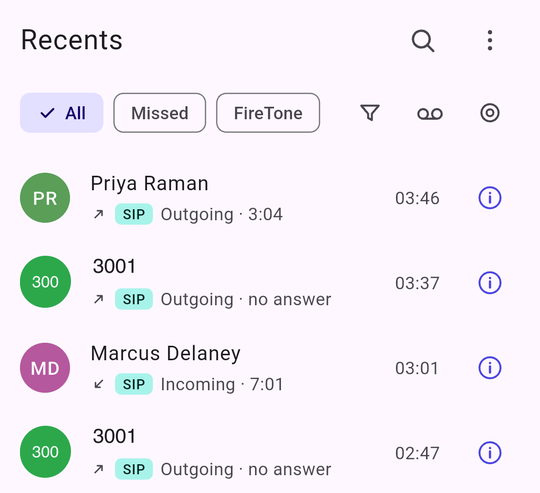 The Recents list with All, Missed and FireTone chips and several calls