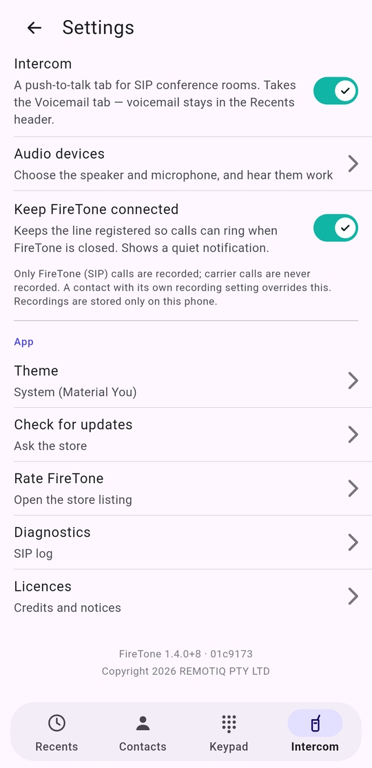 The App section: Theme, Check for updates, Rate FireTone, Diagnostics and Licences