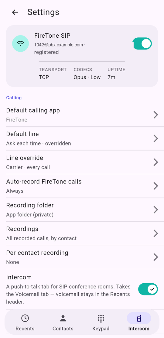 The top of Settings: the FireTone SIP card and the Calling section
