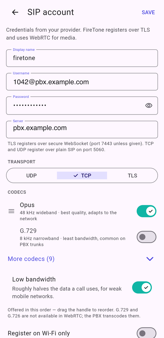 The SIP account screen with display name, username, password and server