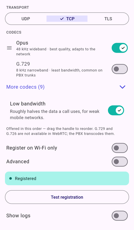 Transport chooser and the codec list with Opus and G.729