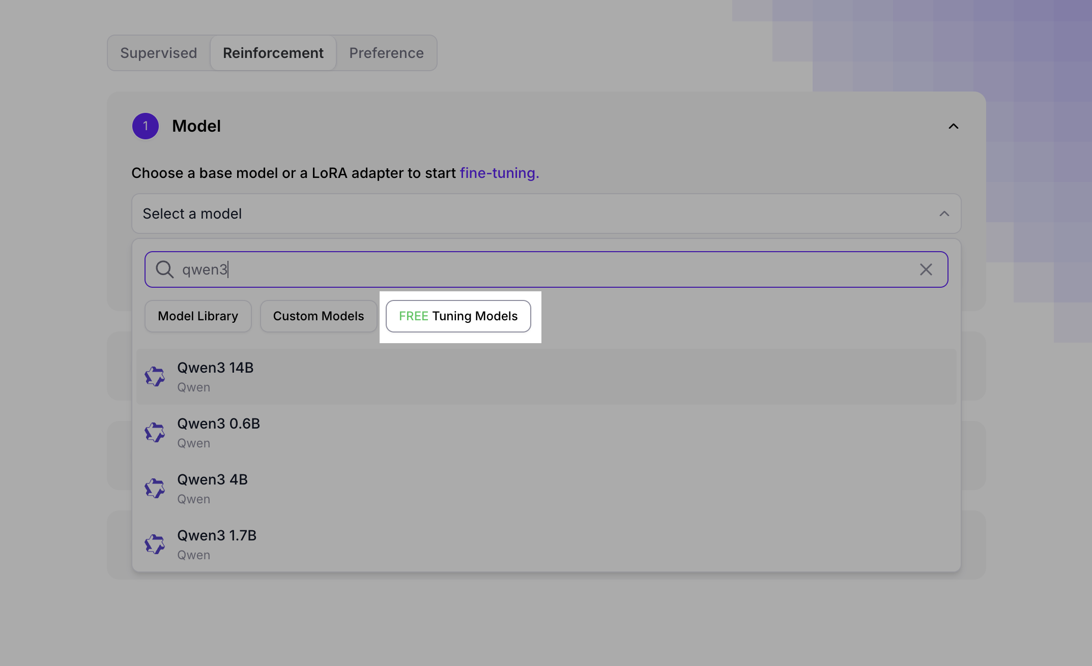 Free tuning filter in the model selection area