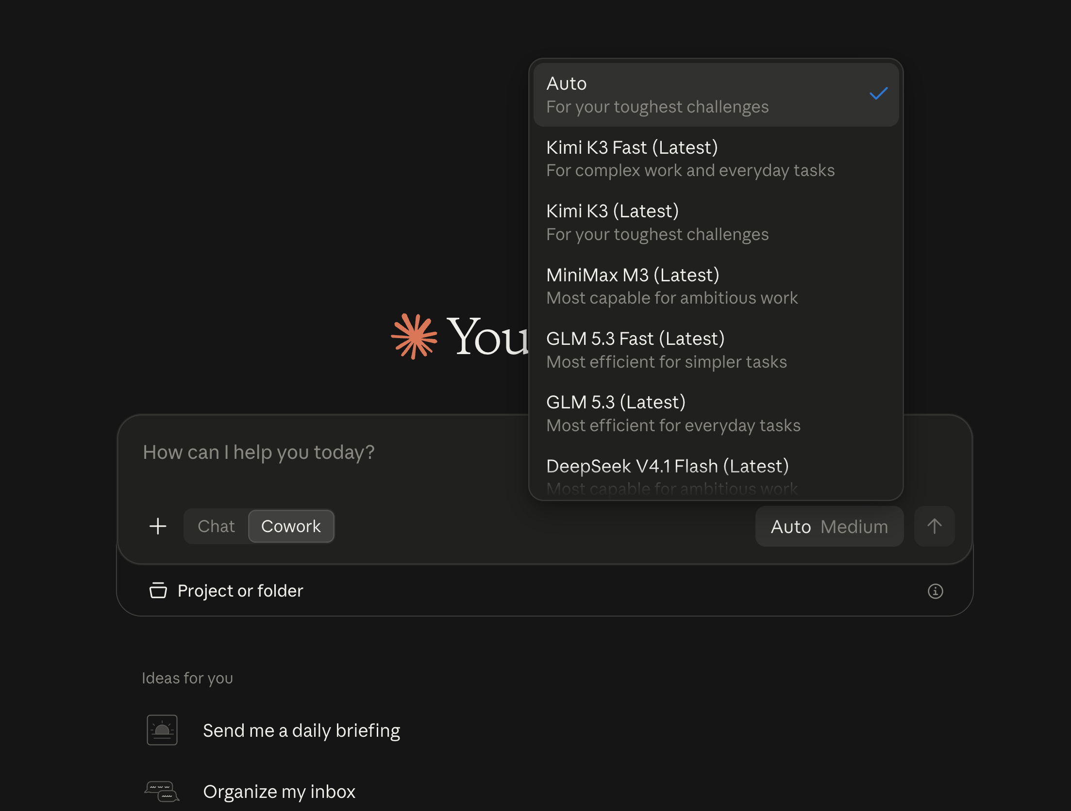 Claude Desktop model picker in Cowork showing Auto selected, then Kimi K3 Fast, Kimi K3, MiniMax M3, GLM 5.3 Fast, GLM 5.3, and DeepSeek V4.1 Flash