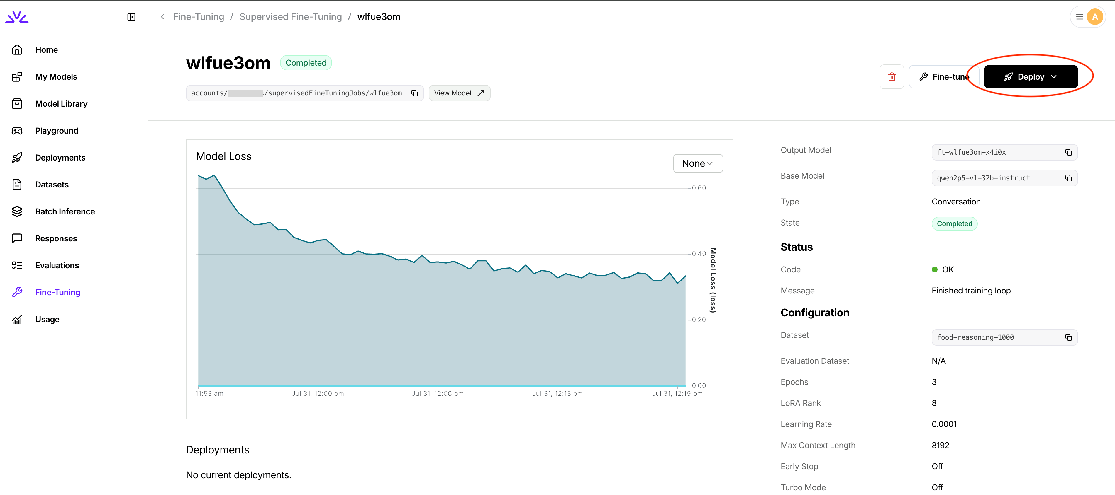 Deploy dropdown in the fine-tuning job page
