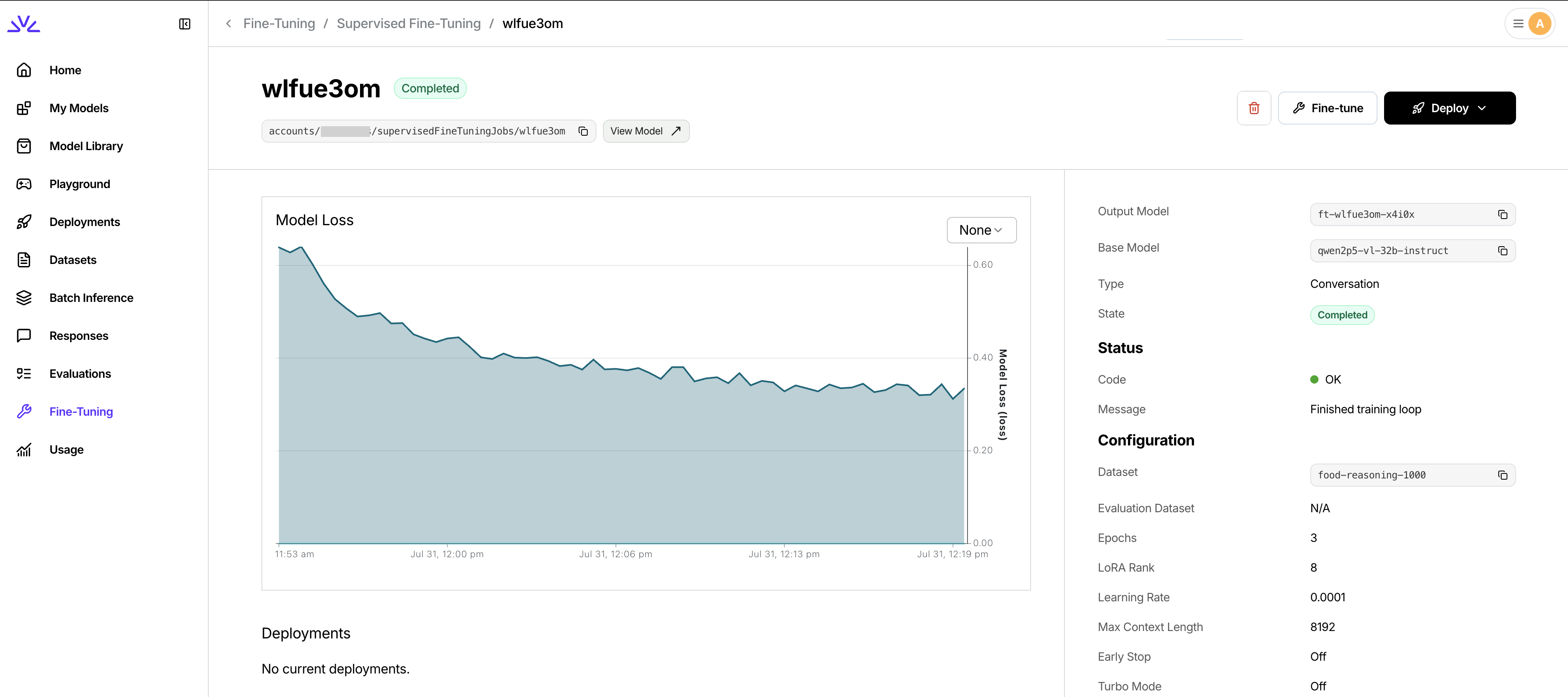 VLM fine-tuning job in the Fireworks console