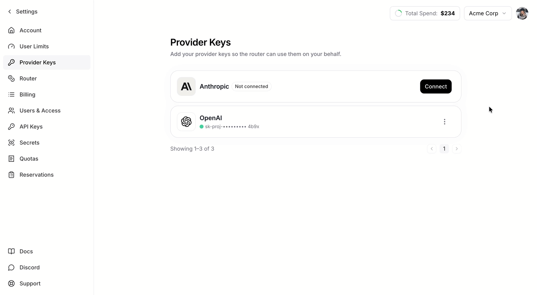 Connecting a provider key from the Provider Keys page in Settings