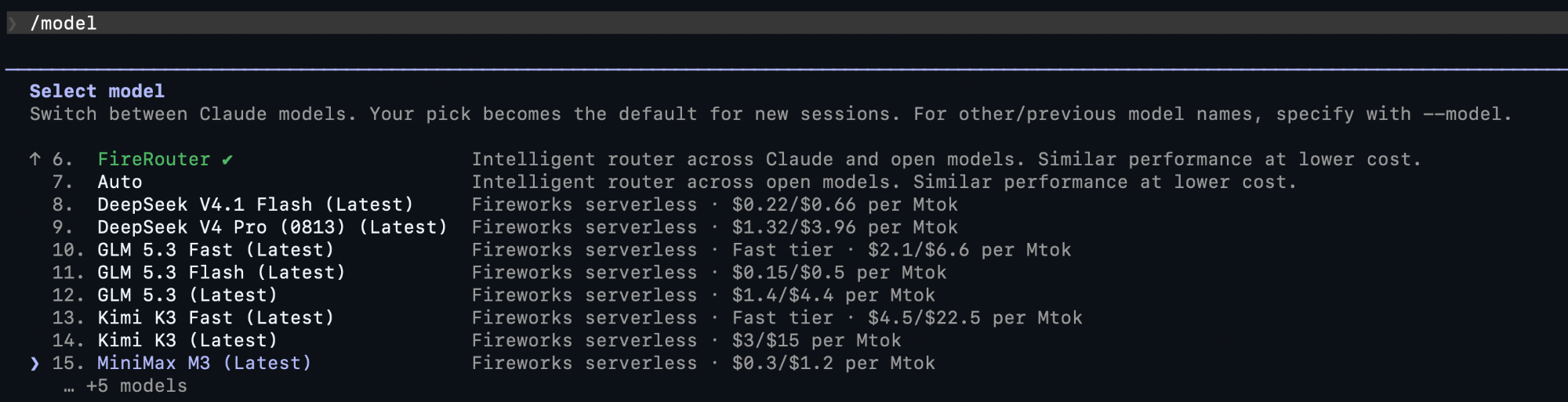 Claude Code model picker with FireRouter selected and Auto, DeepSeek, GLM, Kimi, and MiniMax options