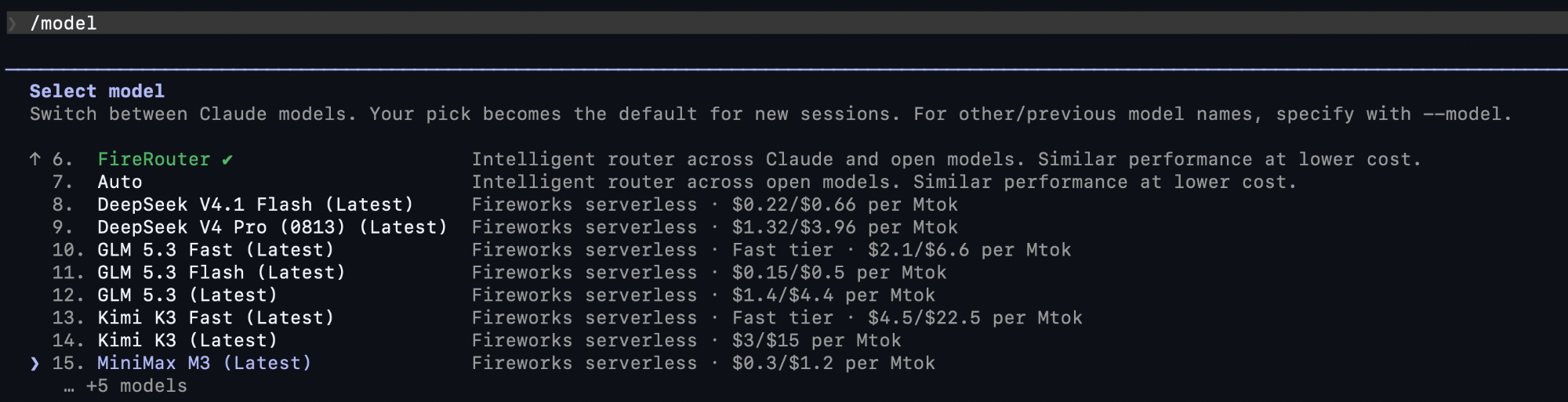 Claude Code model picker with FireRouter selected and Auto, DeepSeek, GLM, Kimi, and MiniMax options
