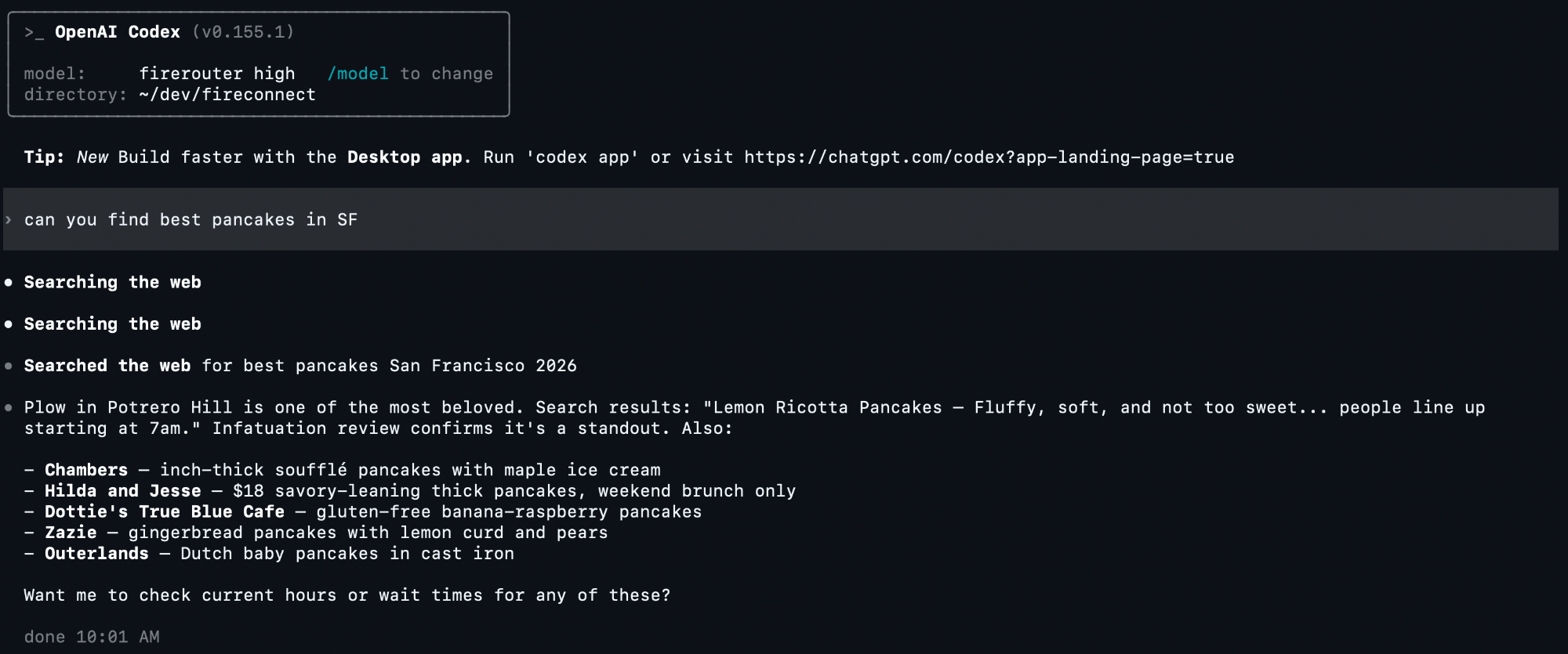 Codex CLI searching the web and returning a list of pancake restaurants in San Francisco