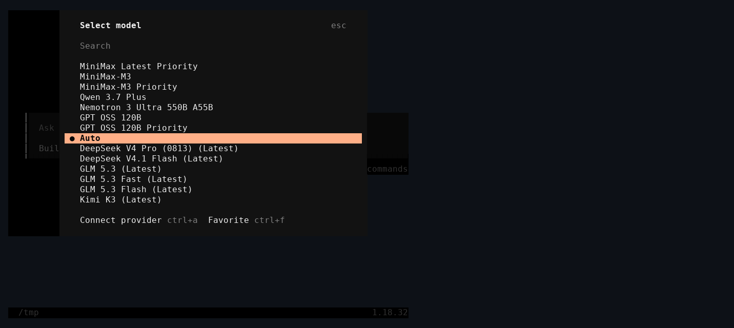 OpenCode model picker showing Auto selected and Fireworks DeepSeek, GLM, Kimi, and other models