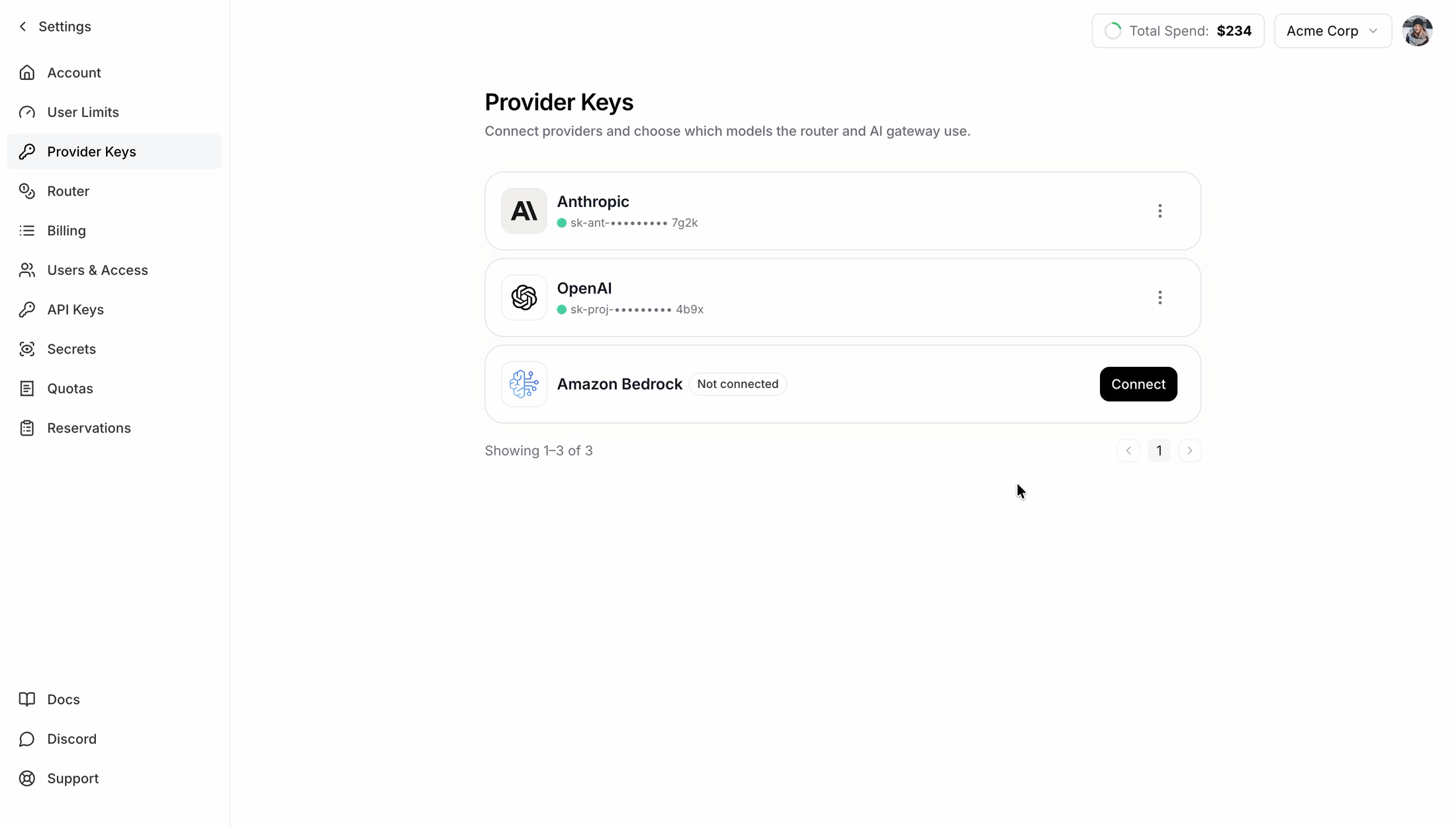 Connecting a Bedrock API key in the Provider Keys dashboard