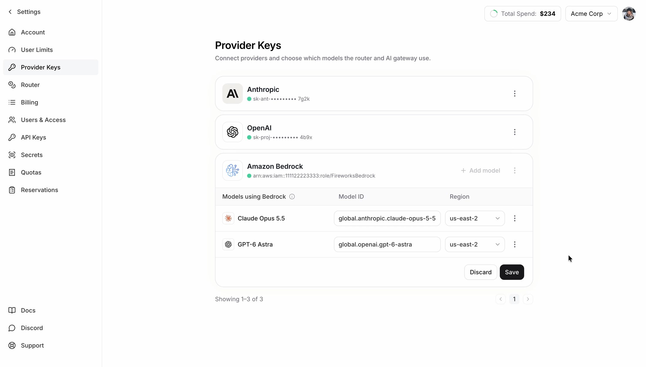 Bedrock model rows with Model ID and Region fields after saving an IAM role connection
