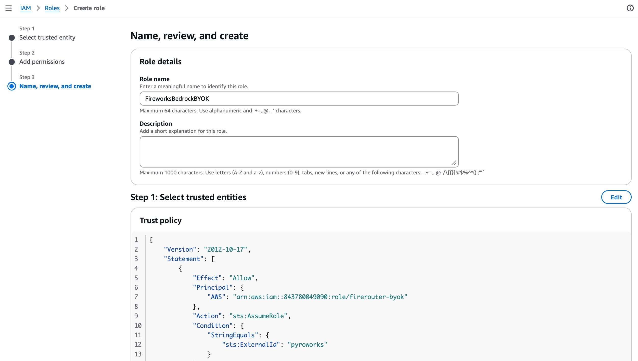 Reviewing the FireworksBedrockBYOK role name and trust policy before creating the AWS IAM role
