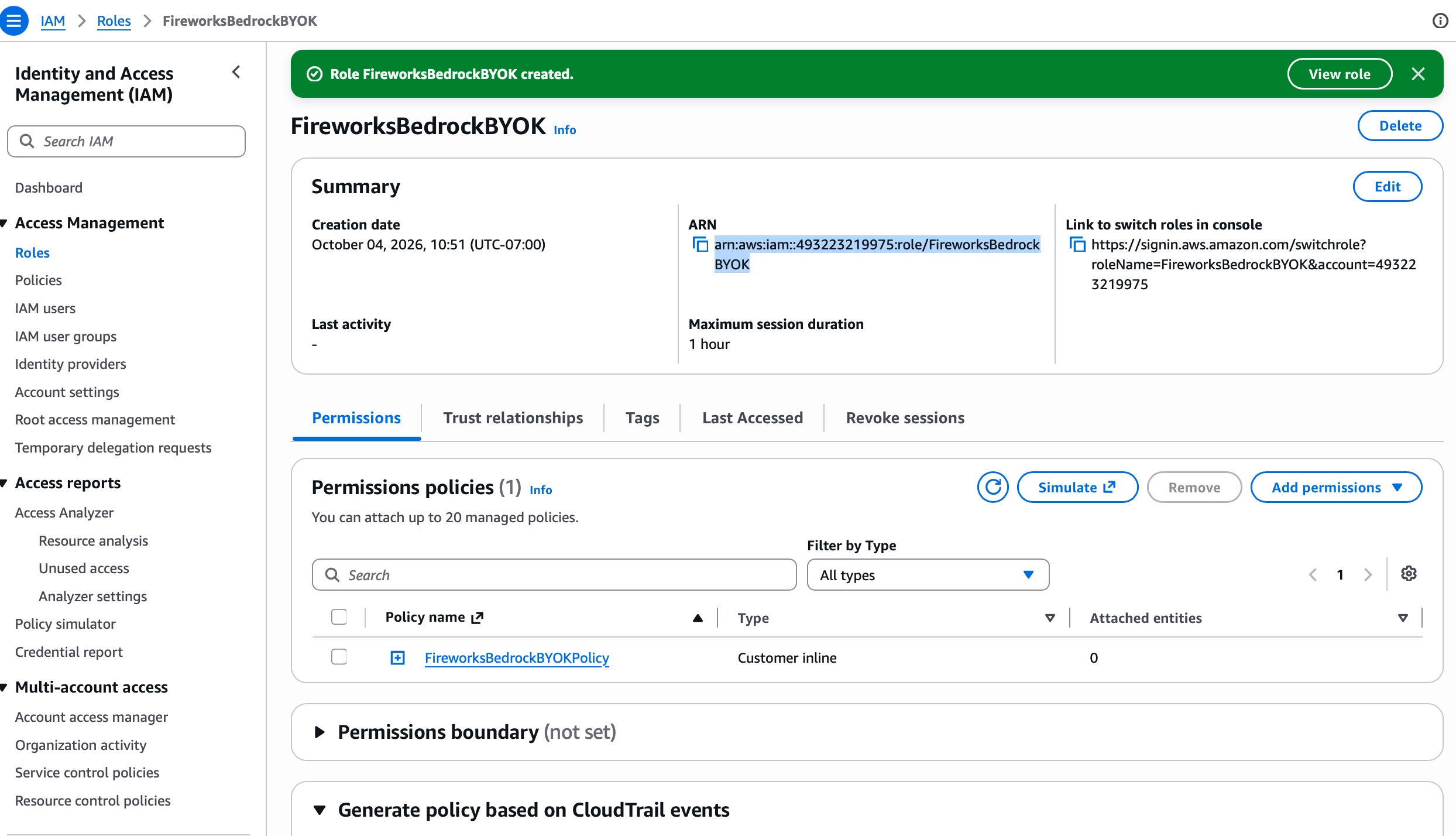 AWS IAM role summary showing the FireworksBedrockBYOK role ARN and inline policy
