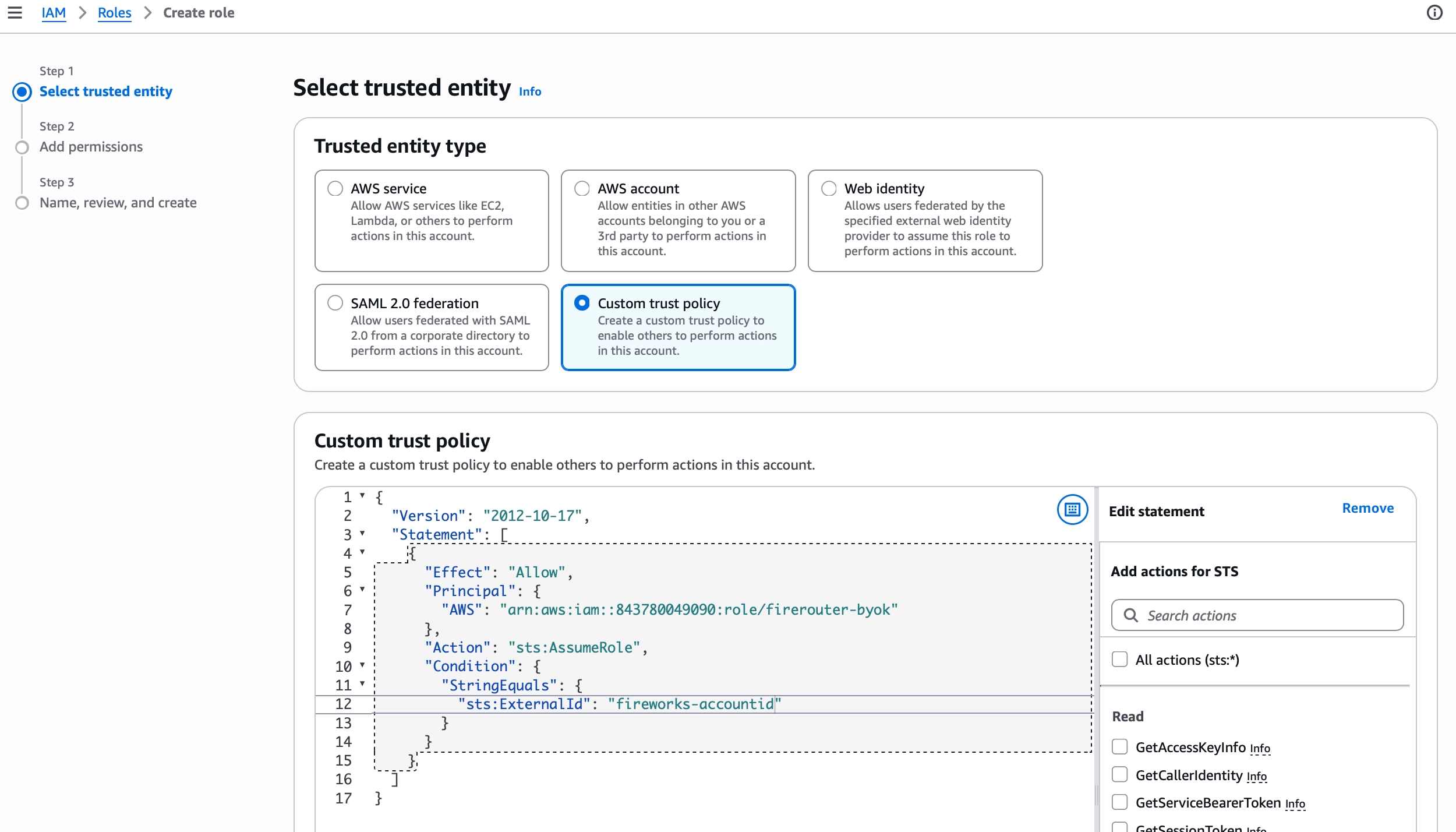Configuring the Fireworks principal ARN and account-specific External ID in an AWS IAM custom trust policy