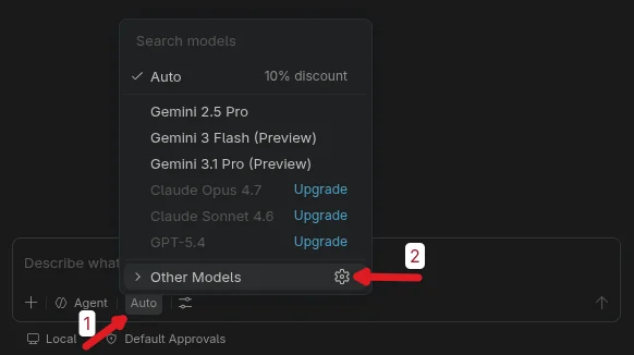 Copilot Chat model picker with gear icon next to Other Models