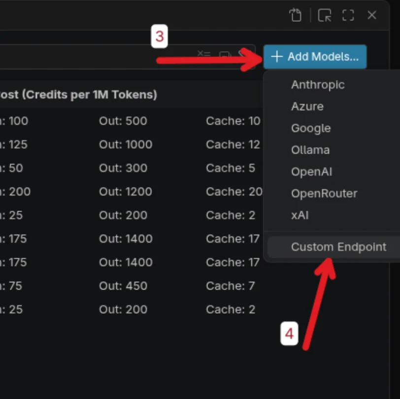 Add Models menu with Custom Endpoint selected