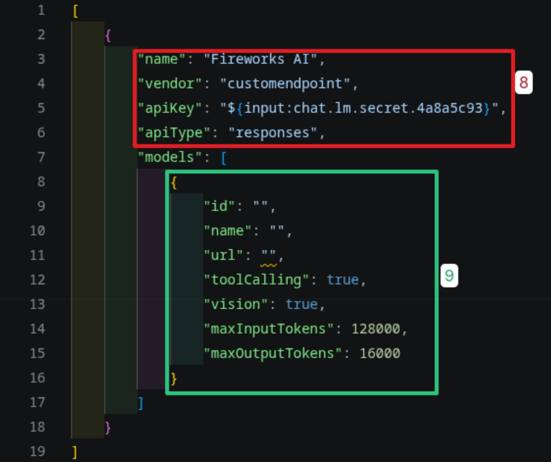 Copilot custom endpoint config file with template section