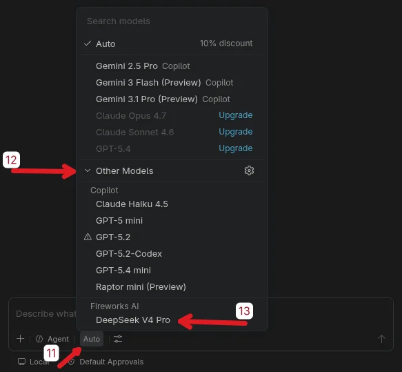 Model picker showing Fireworks AI custom model at bottom of Other Models